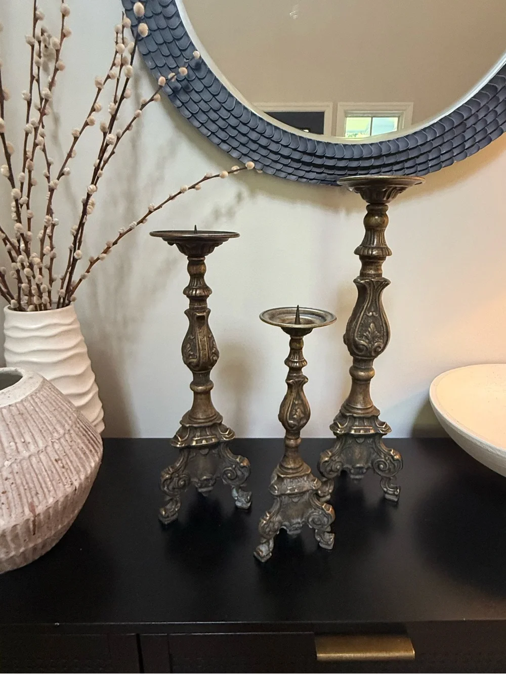 Antique Baroque Brass Alter Candle Holders - Set of 3